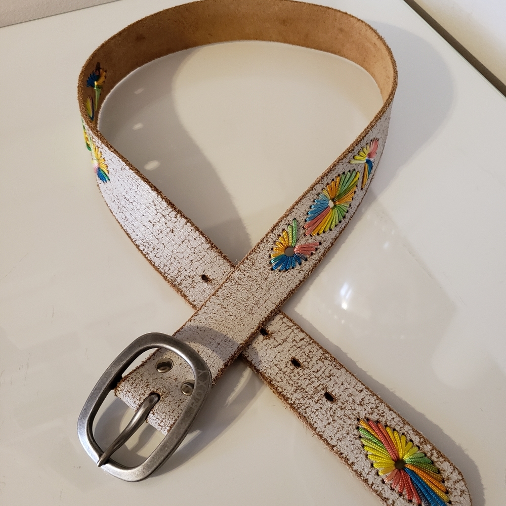 Roxy Suede White Distressed Rainbow Embroidered Metal Buckle Belt Boho Woman